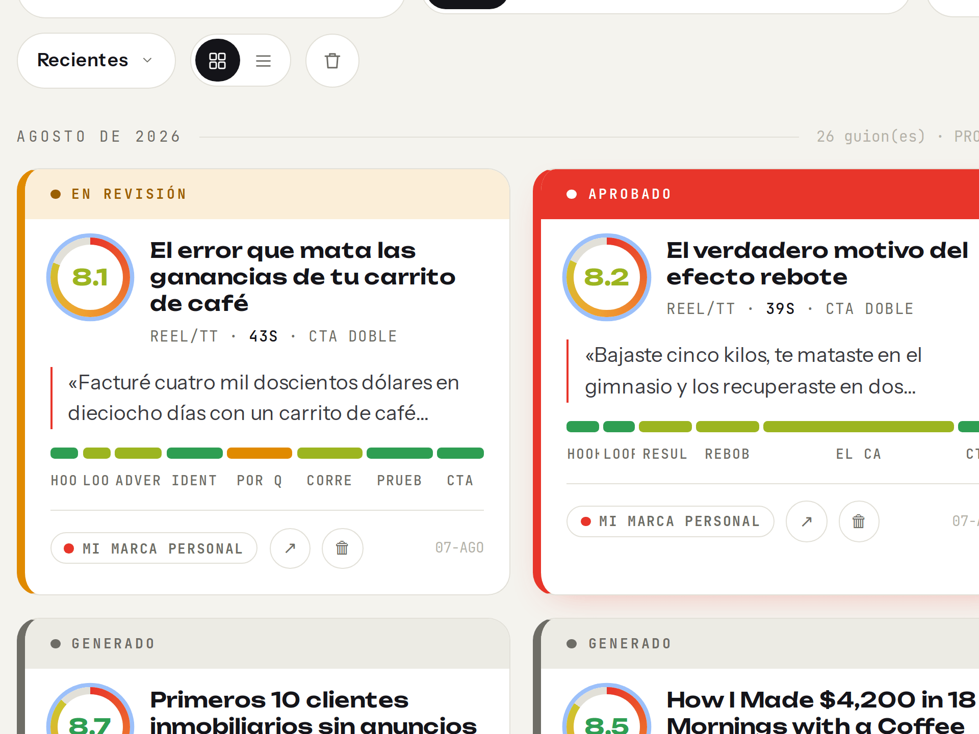 La biblioteca de guiones con score, fórmula y marca en cada tarjeta