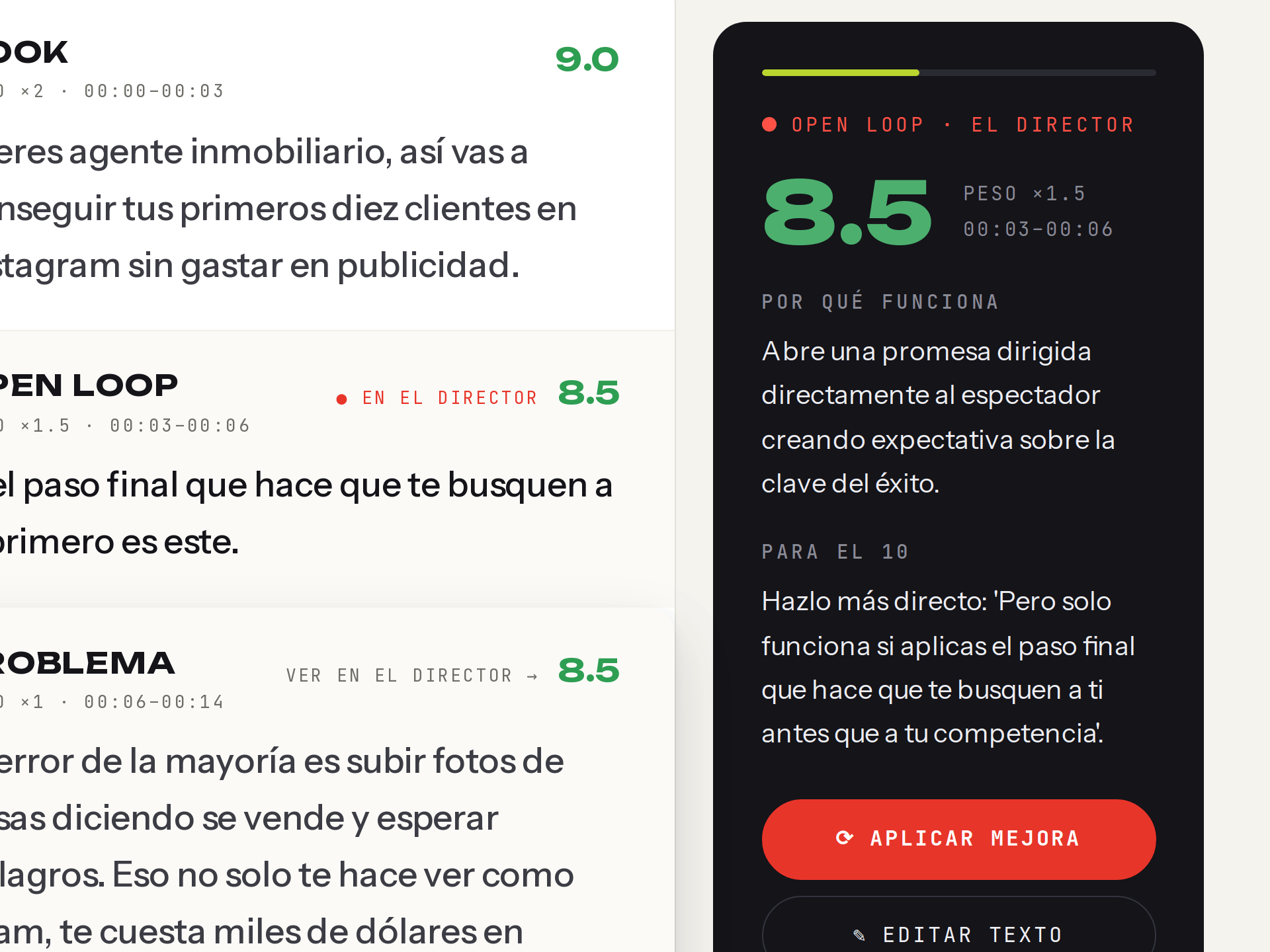 El panel del Director sobre un bloque: score, por qué funciona y qué le falta para el 10