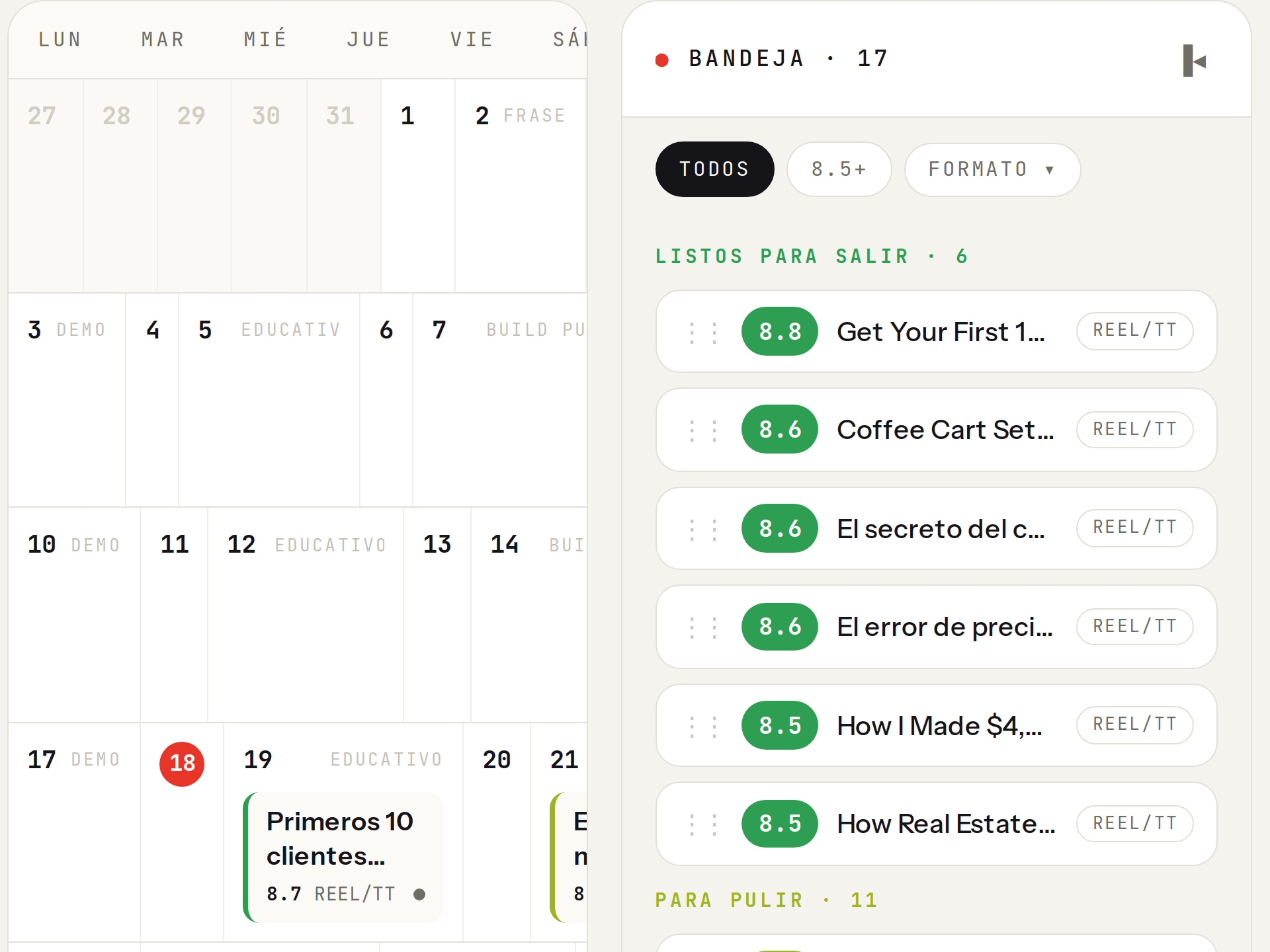 El calendario de contenido con guiones fechados y sus scores